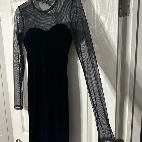 Aqua Black Velvet Party/Cocktail Dress with Sheer Sleeves - Picture 7 of 13